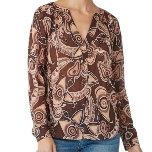 A.L.C. Tops - A.L.C. Brown Abstract Pattern Long Sleeve Split V-Neck Nomad Top Size 8
